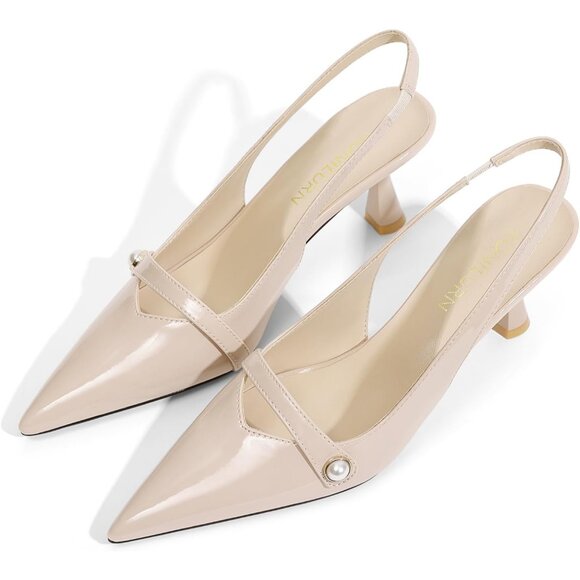 Women's Nude Kitten Slingback Low Heel Pumps Closed Pointed Toe Dress Shoes - Picture 2 of 8